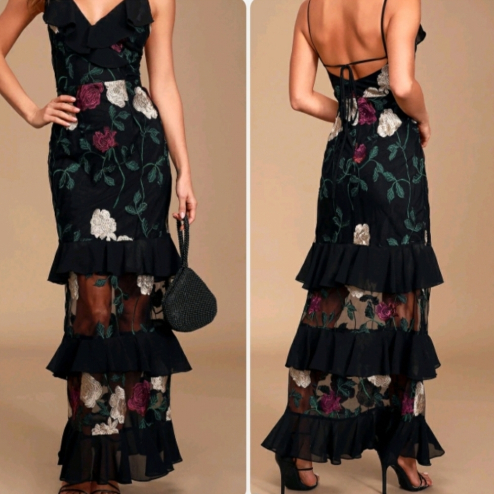 True to Heart Black Floral Embroidered Maxi Dress